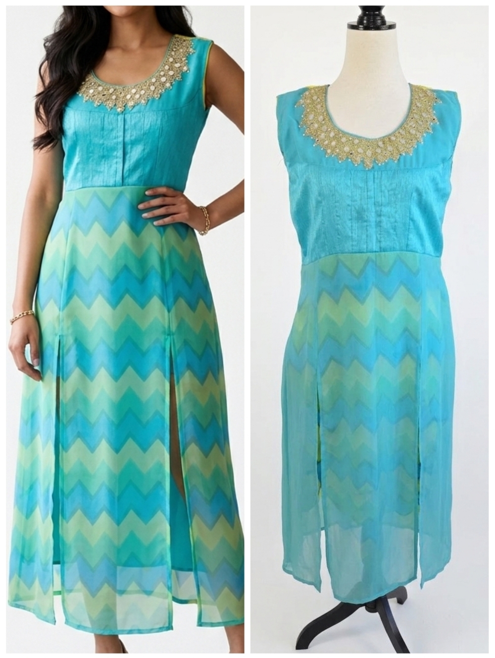Turquoise & Sea Green Chevron Dress with Gold Embellished Neckline